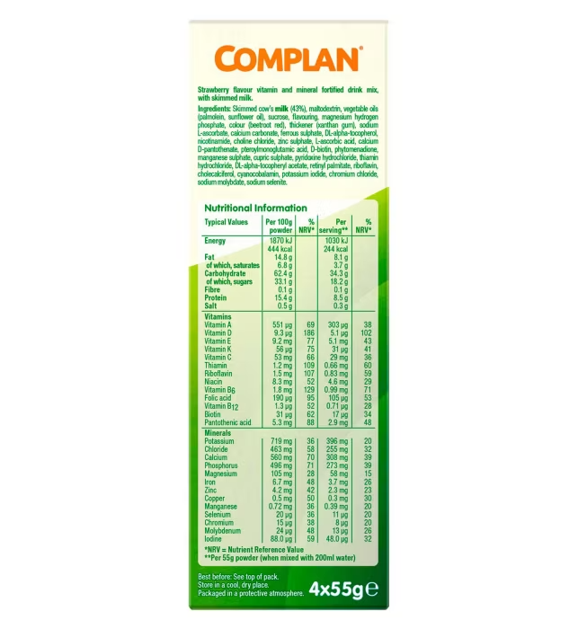 Complan Vitamin Rich Drink Strawberry Flavour 4 x 55g Sachets - Pack of 4 - Image 3